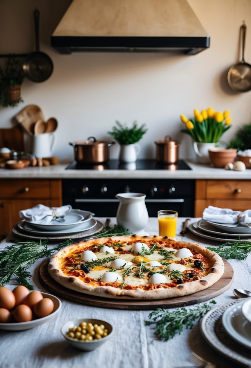 A rustic Italian kitchen with a table set for Easter, featuring a traditional Pizza Rustica surrounded by fresh ingredients and vintage cookware