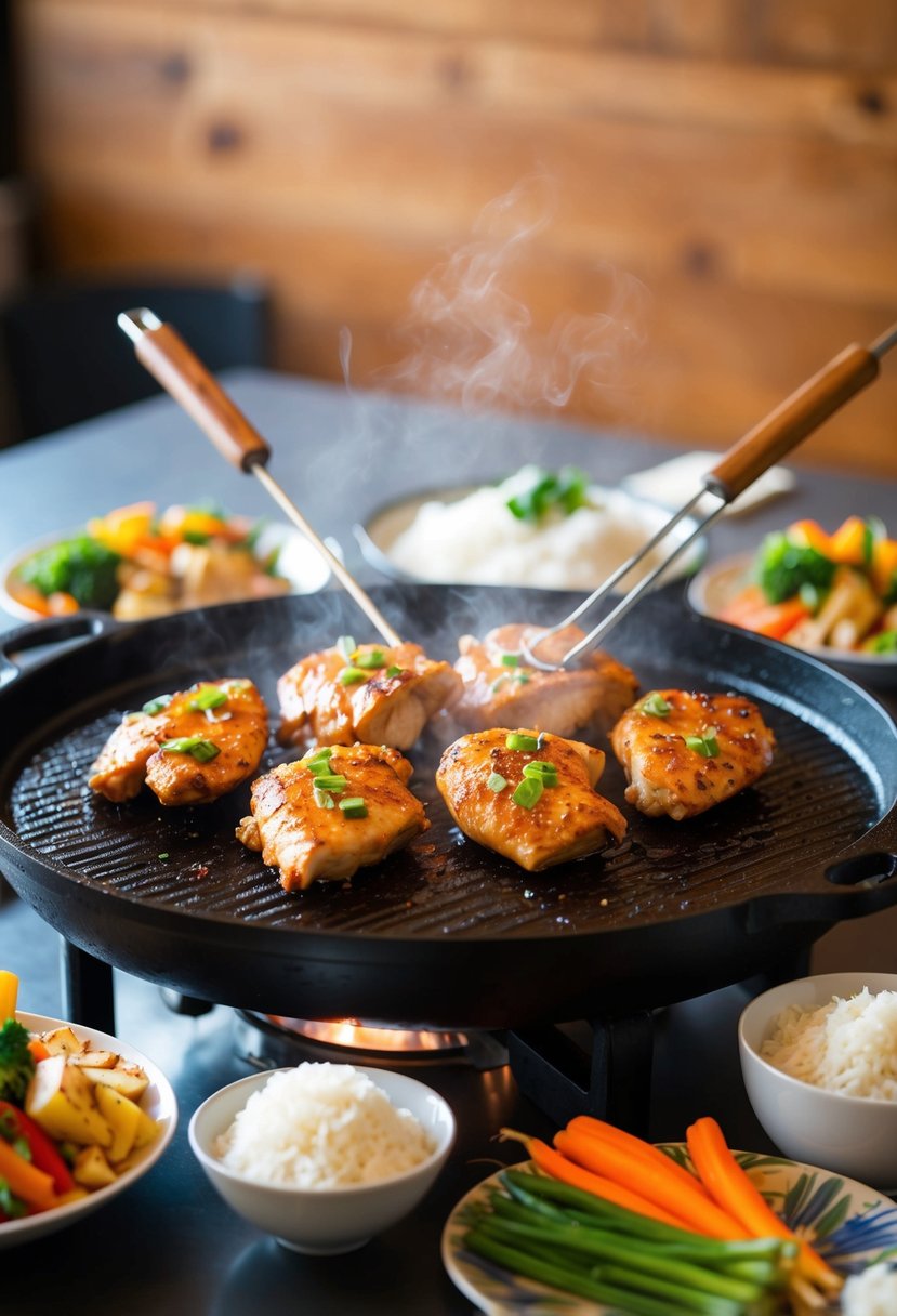 A sizzling Blackstone Griddle cooks up a flavorful hibachi chicken dish, surrounded by colorful vegetables and steaming rice