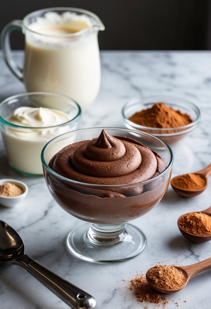 A glass bowl filled with fluffy chocolate mousse, surrounded by ingredients like heavy cream and cocoa powder on a marble countertop