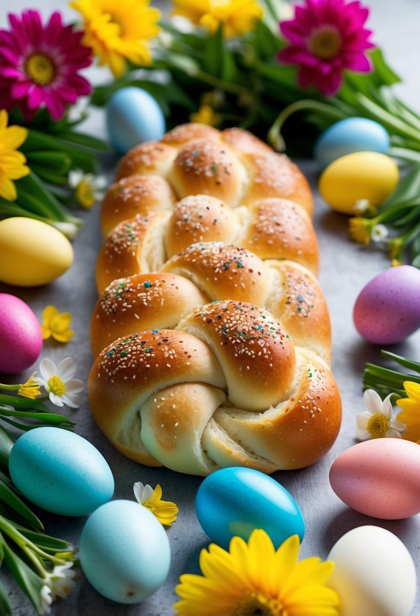 A table set with a braided Italian Easter Egg Bread surrounded by colorful dyed eggs and fresh spring flowers