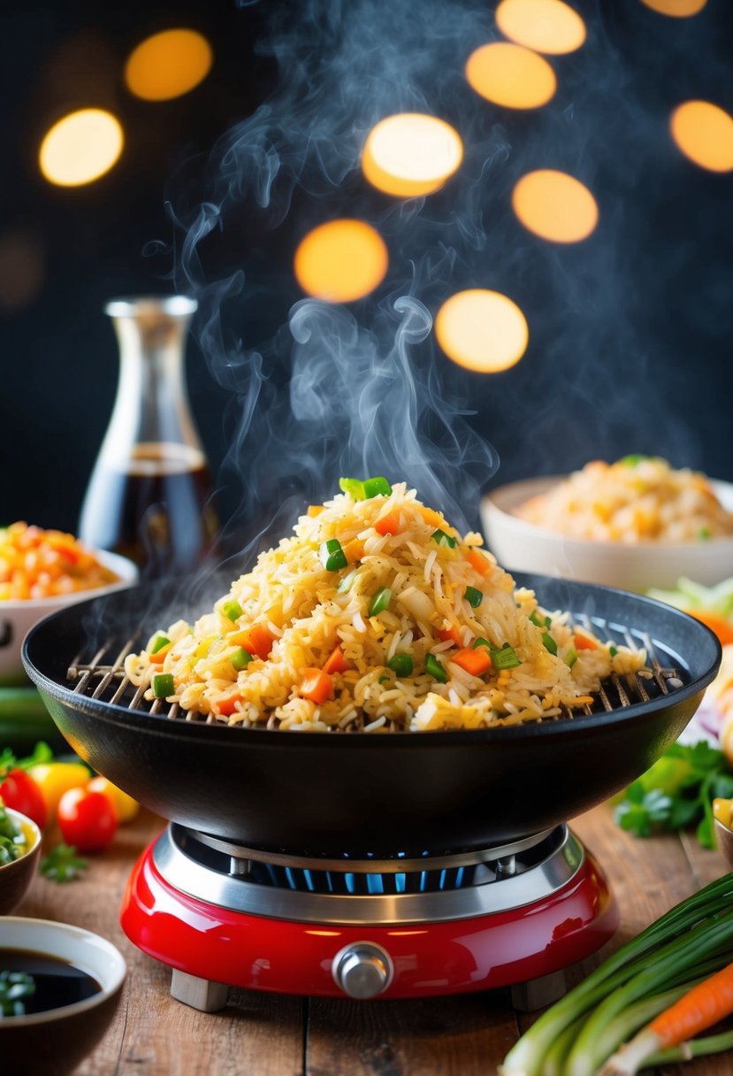 A sizzling hibachi grill with a steaming pile of homemade fried rice, surrounded by colorful vegetables and the aroma of soy sauce