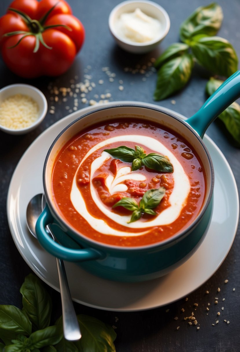 A pot of tomato basil soup simmers with swirls of heavy cream