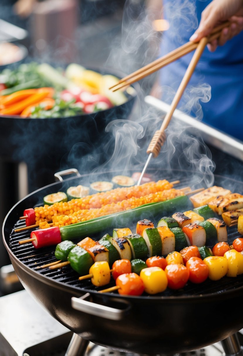 A colorful array of sizzling hibachi vegetables cooking on a hot grill, emitting steam and a tantalizing aroma