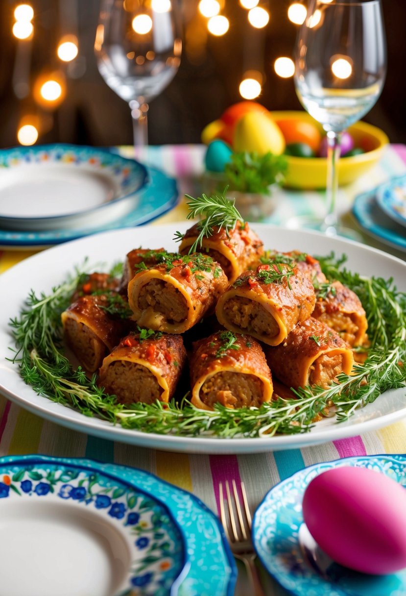 A table set with a festive Easter meal, featuring a platter of braciole surrounded by colorful side dishes and fresh herbs