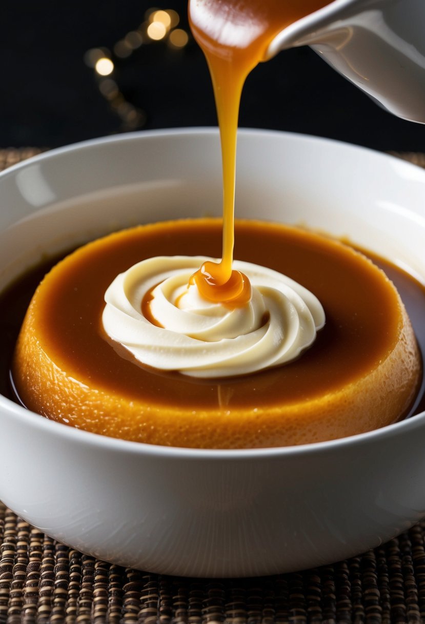 A rich, golden caramel flan being poured into a smooth, round dish, with a swirl of decadent, creamy heavy cream on top