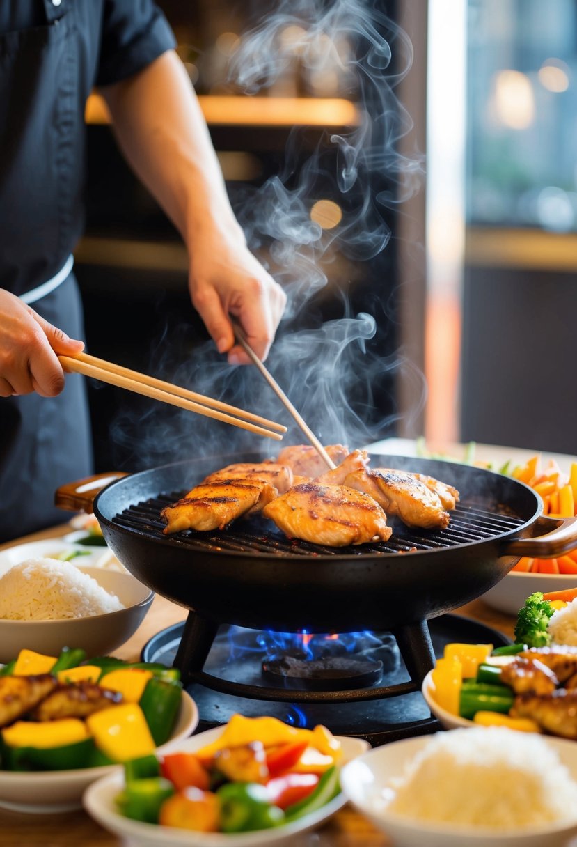 A chef grilling hibachi chicken on a sizzling hot iron grill, surrounded by colorful vegetables and rice, with steam rising from the food