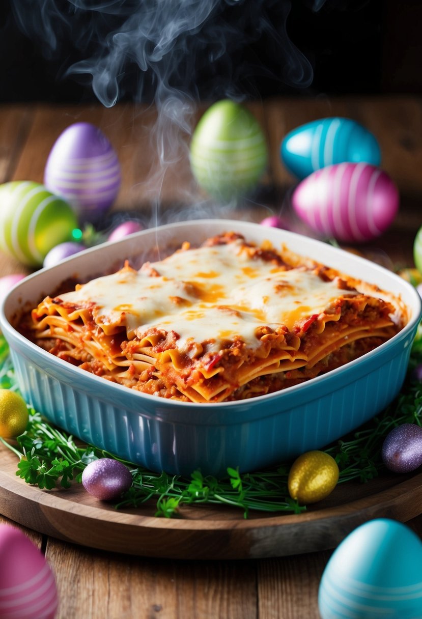 A steaming dish of lasagna with layers of ricotta, tomato sauce, and melted cheese, surrounded by festive Easter decorations