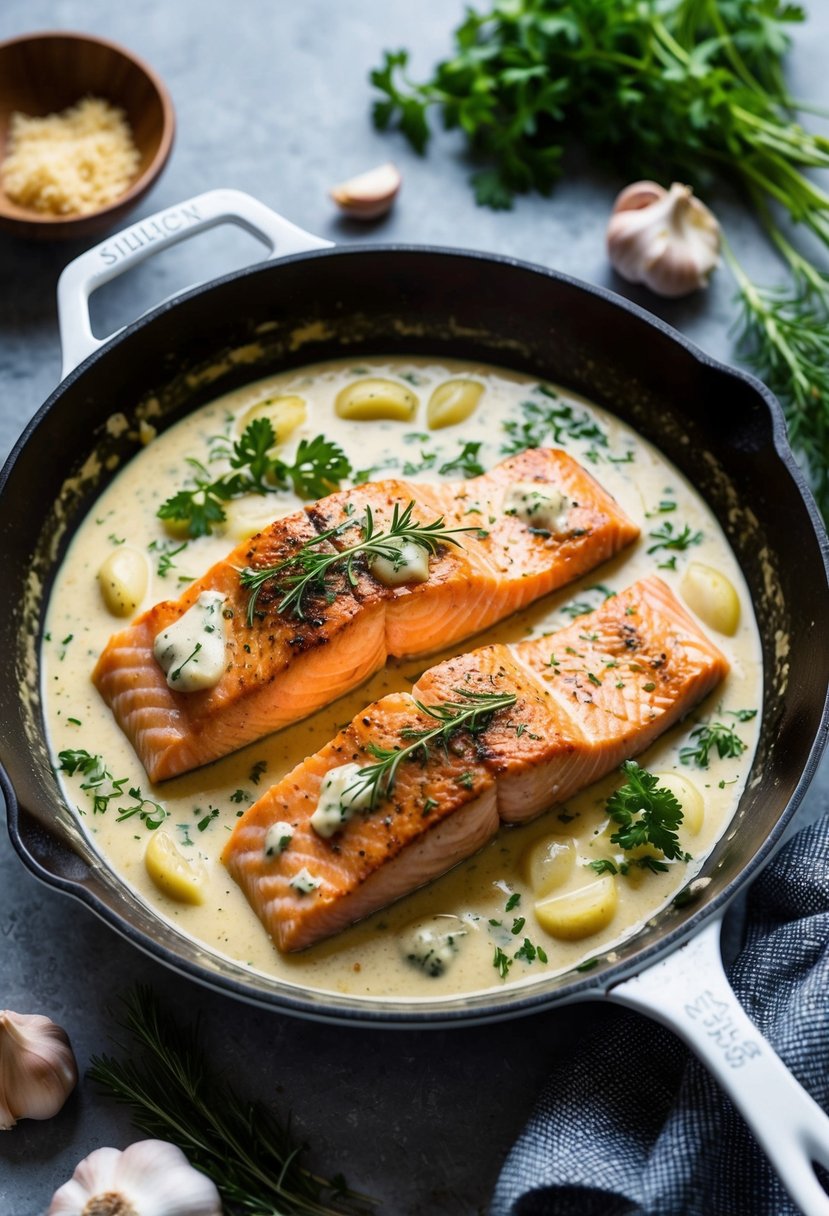 A skillet of salmon simmering in a creamy Tuscan sauce, surrounded by fresh herbs and garlic cloves