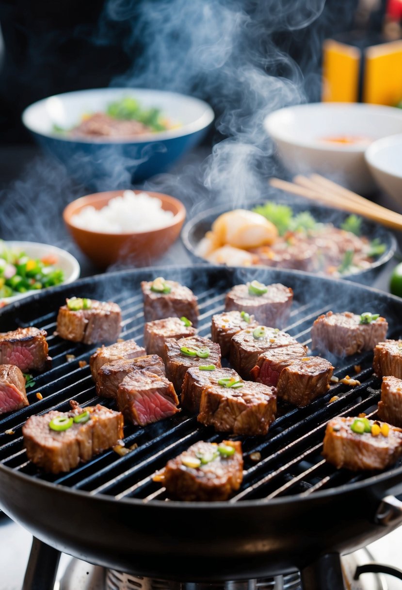 Sizzling steak bites cook on a hibachi grill, surrounded by marinating ingredients and a cloud of steam