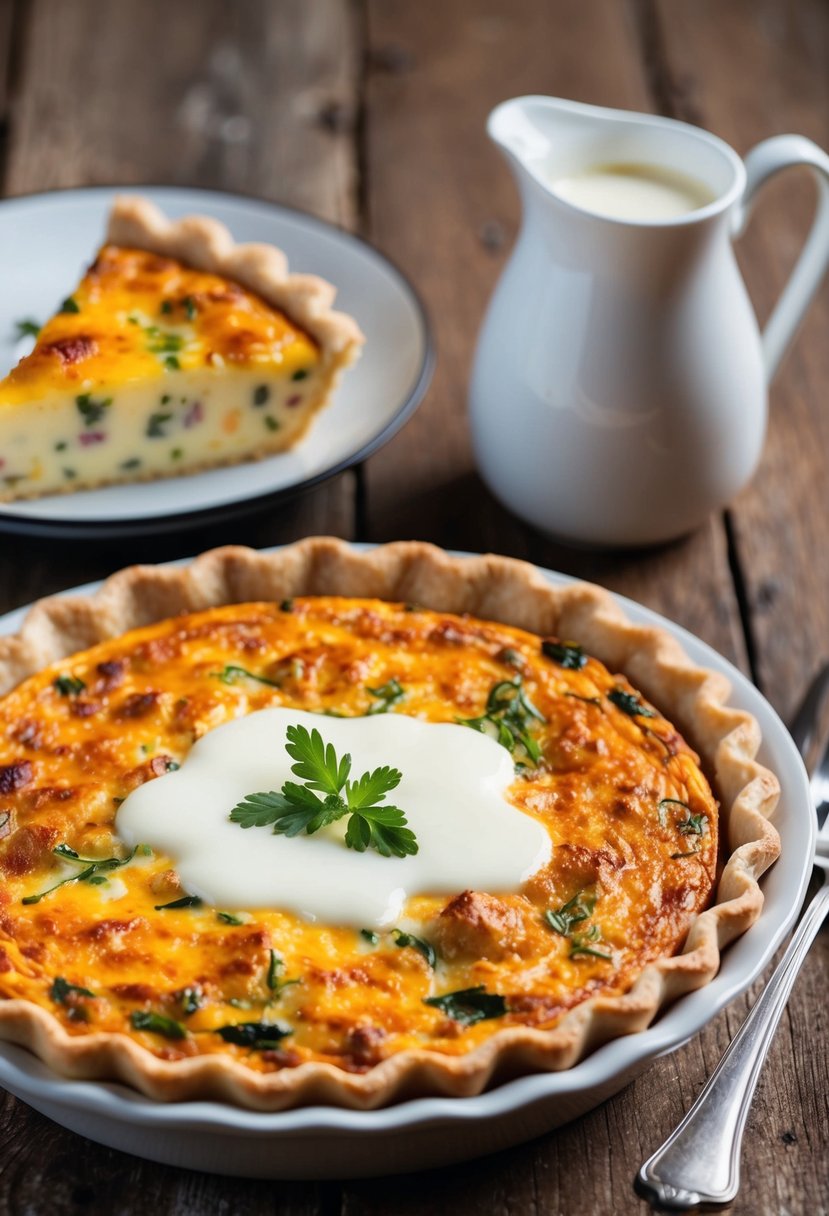 A golden-brown quiche, filled with savory ingredients and oozing with melted cheese, sits on a rustic wooden table next to a jug of heavy cream