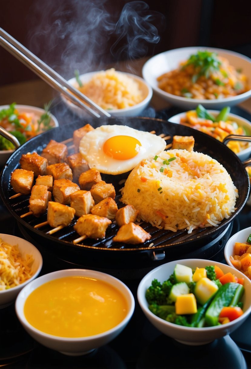 A sizzling hibachi grill with steaming fried rice, diced chicken, and scrambled egg, surrounded by colorful vegetables and savory sauces