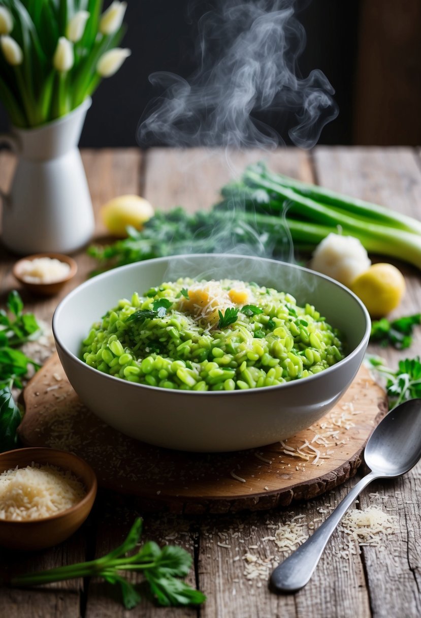 A rustic kitchen table set with a steaming dish of vibrant green risotto, surrounded by fresh spring vegetables and a sprinkling of parmesan cheese