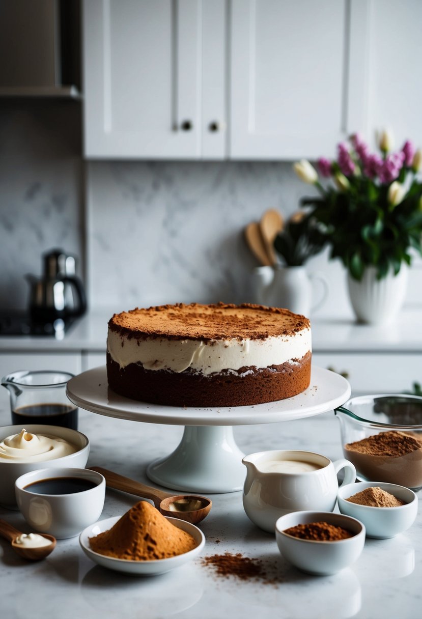 A pristine kitchen counter with a decadent tiramisu cake surrounded by a variety of ingredients, including heavy cream, coffee, and cocoa powder