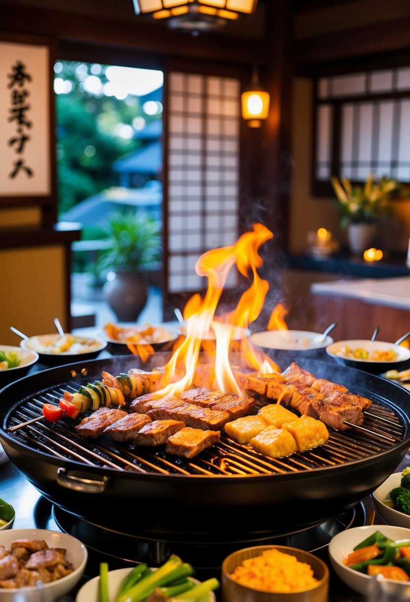 A sizzling hibachi grill with assorted meats and vegetables cooking, surrounded by a Japanese-inspired setting with traditional decor and ambiance