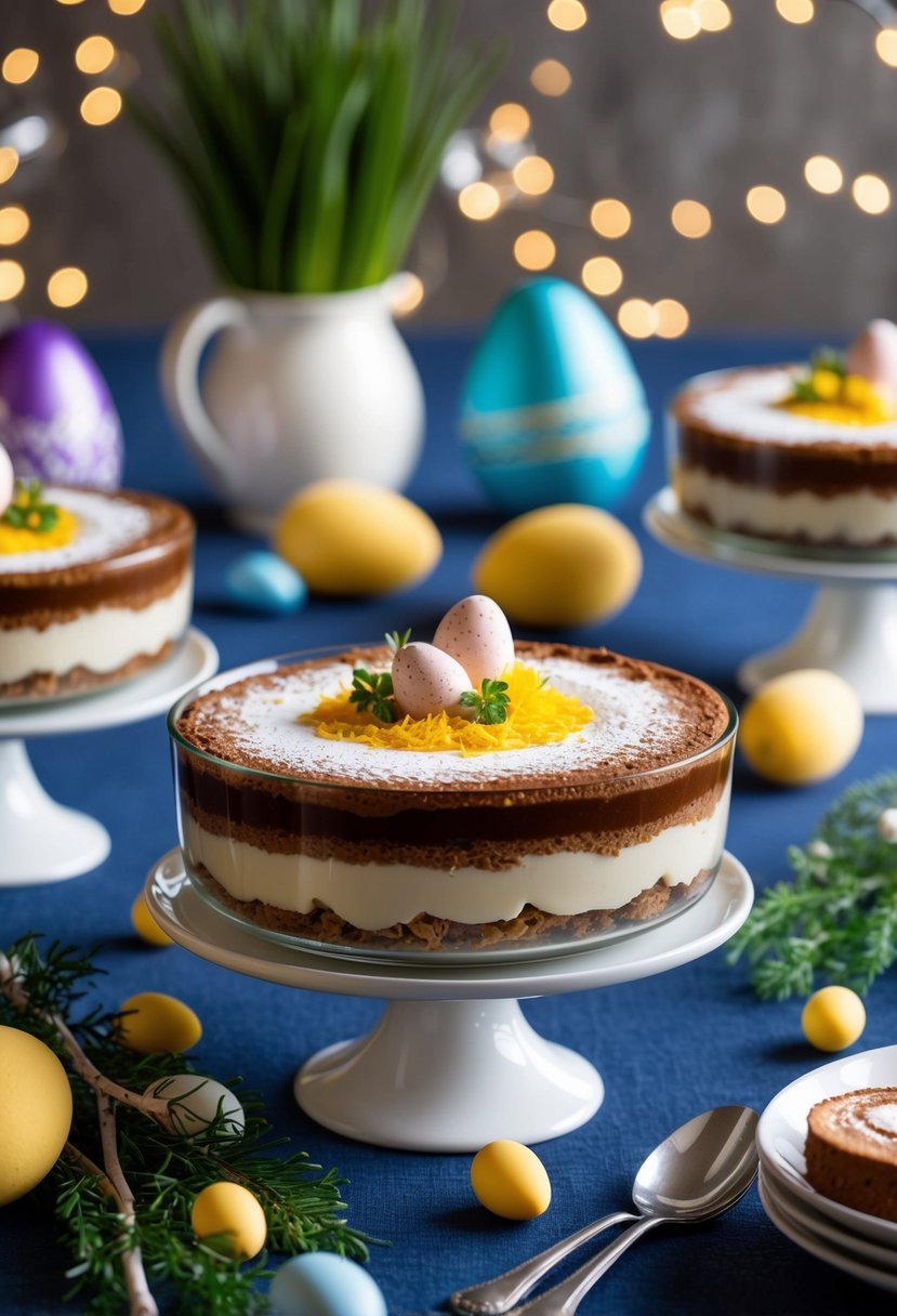 A table set with a traditional Italian Tiramisu surrounded by Easter decorations