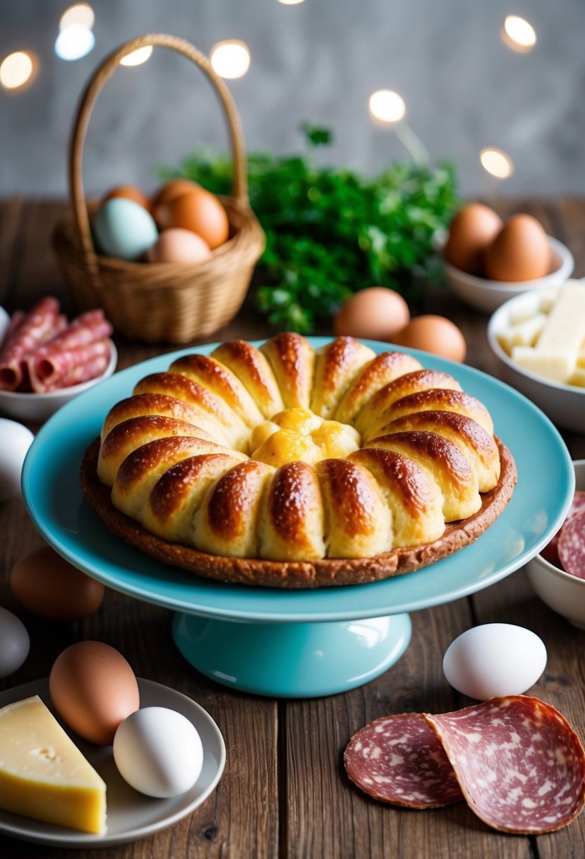 A table set with a freshly baked casatiello surrounded by traditional Italian Easter ingredients like eggs, salami, and cheese