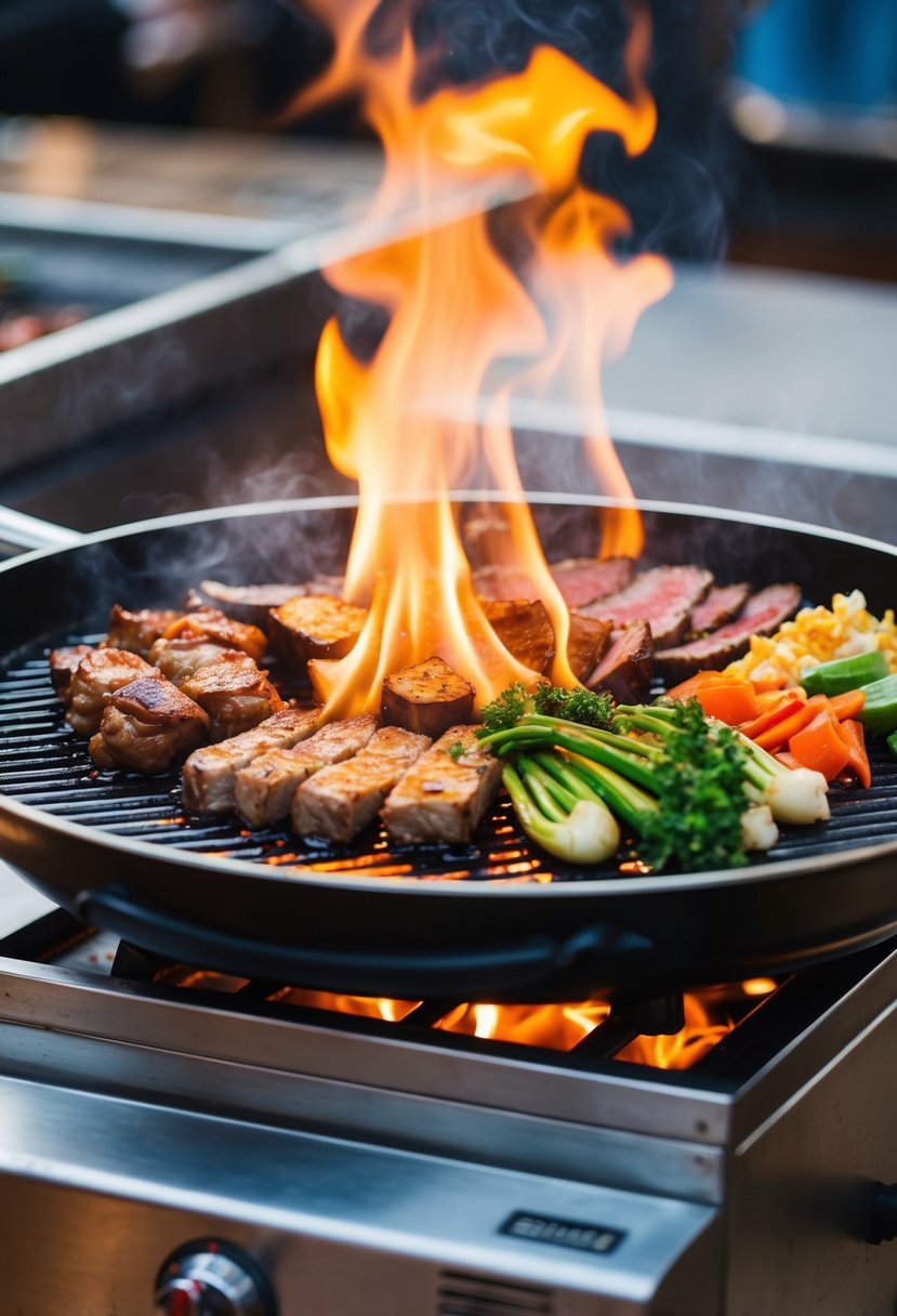 A sizzling hibachi griddle with assorted meats and vegetables cooking over an open flame