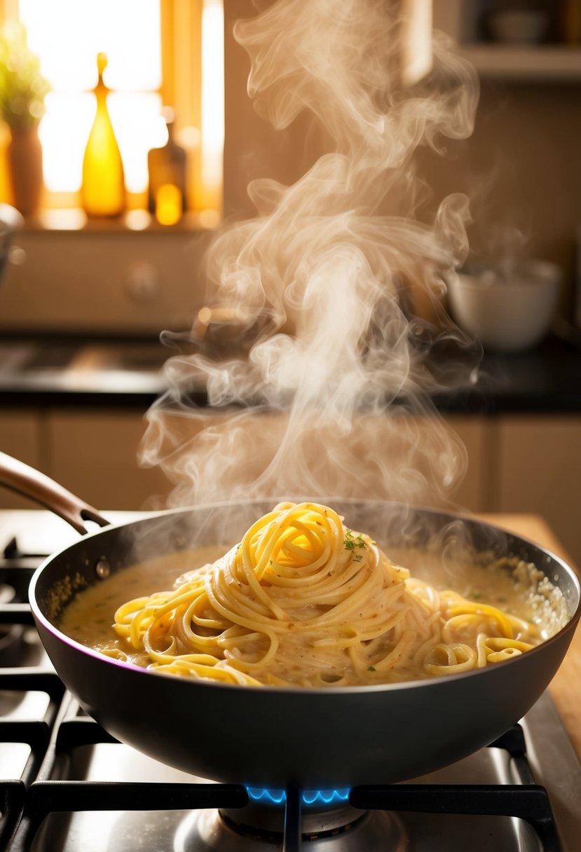 A steamy pot of pasta carbonara simmers on the stove, with heavy cream swirling into the rich sauce. The kitchen is bathed in warm, golden light, creating a dreamy atmosphere