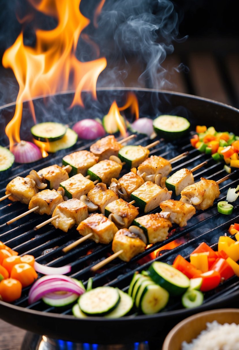 A sizzling hibachi grill with chicken, onions, zucchini, and mushrooms cooking over an open flame, surrounded by colorful vegetables and steaming rice