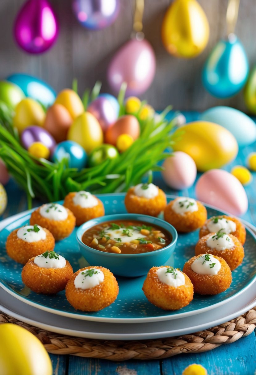 A table set with a variety of arancini, surrounded by colorful Easter decorations