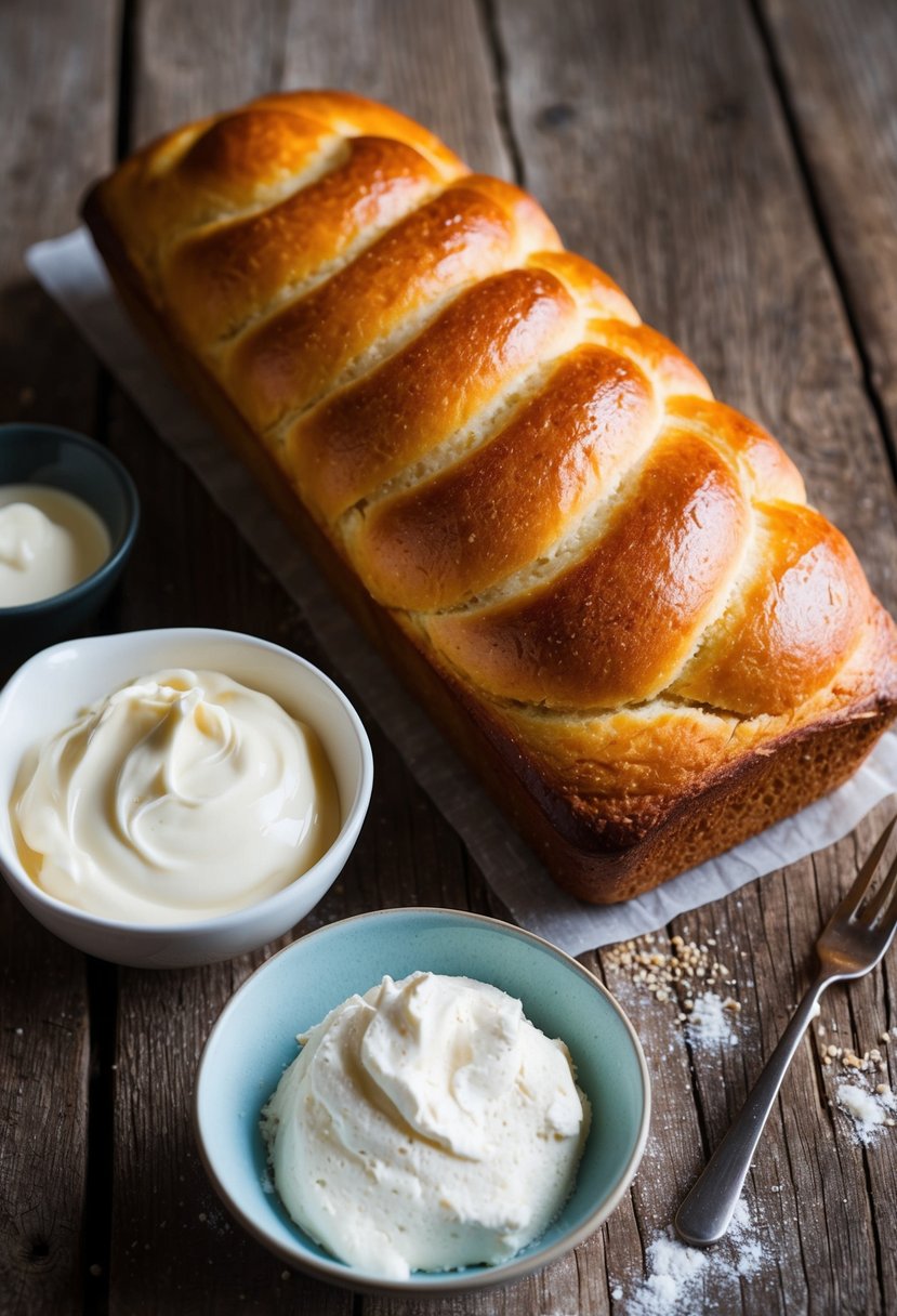 A golden loaf of brioche bread sits on a rustic wooden table, surrounded by a bowl of heavy cream and a scattering of recipe ingredients