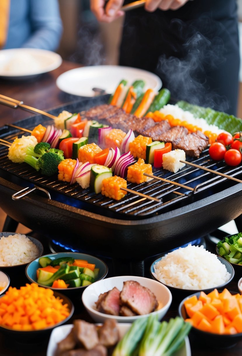 A sizzling hibachi grill with an array of colorful ingredients, including vegetables, meat, and rice, all arranged in a visually appealing manner