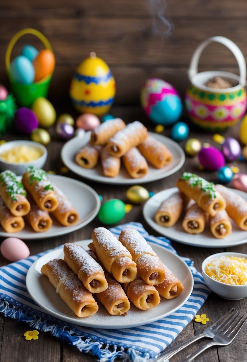 A table set with a variety of Sicilian Cannoli, surrounded by colorful Easter decorations and traditional Italian ingredients