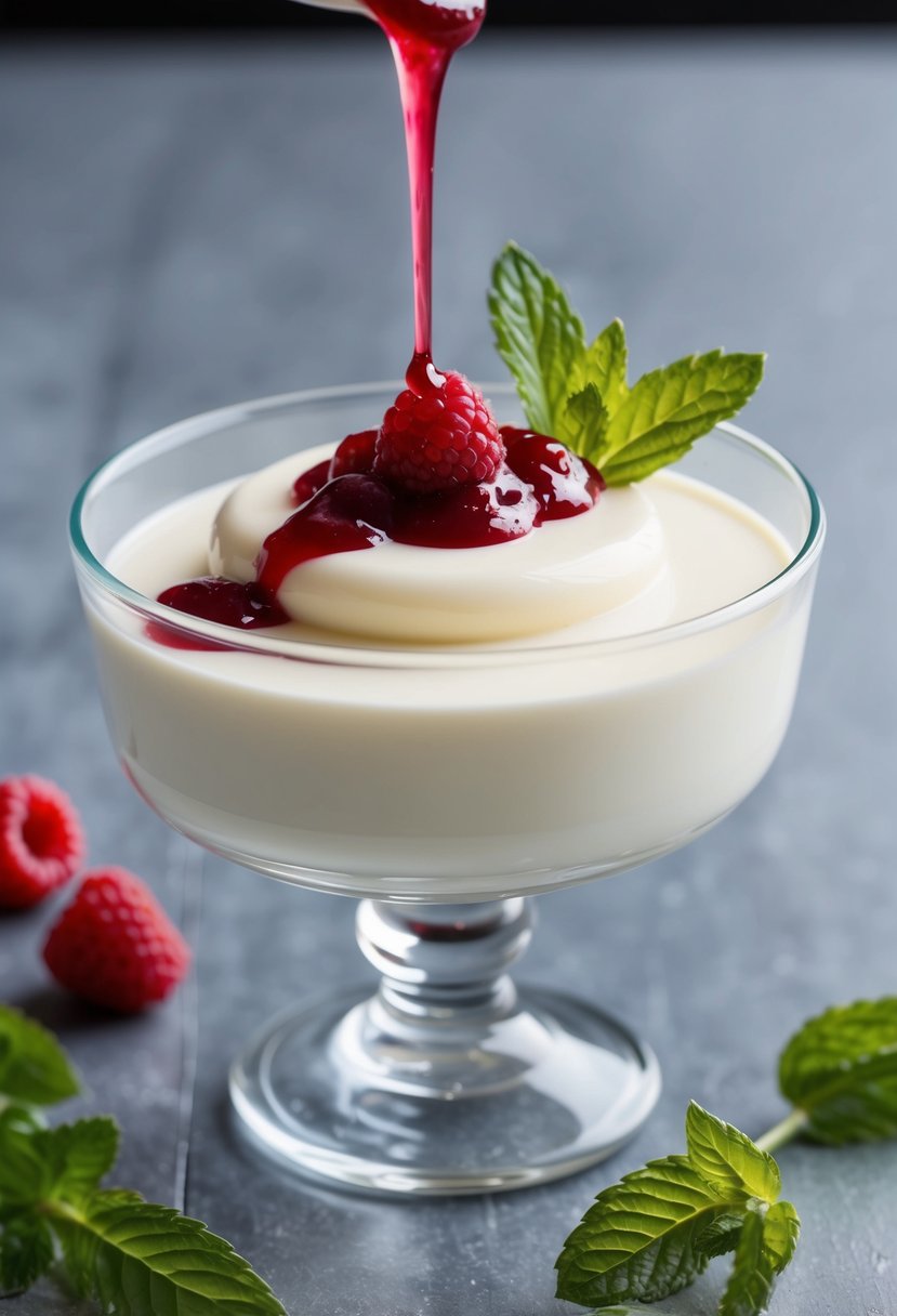 A clear glass dish of creamy Panna Cotta topped with a delicate drizzle of raspberry coulis and a sprinkle of fresh mint leaves