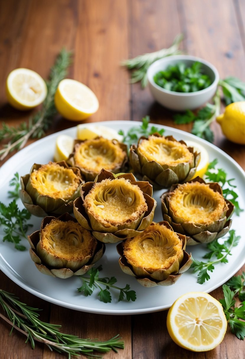 A platter of golden fried artichokes surrounded by fresh herbs and lemon slices