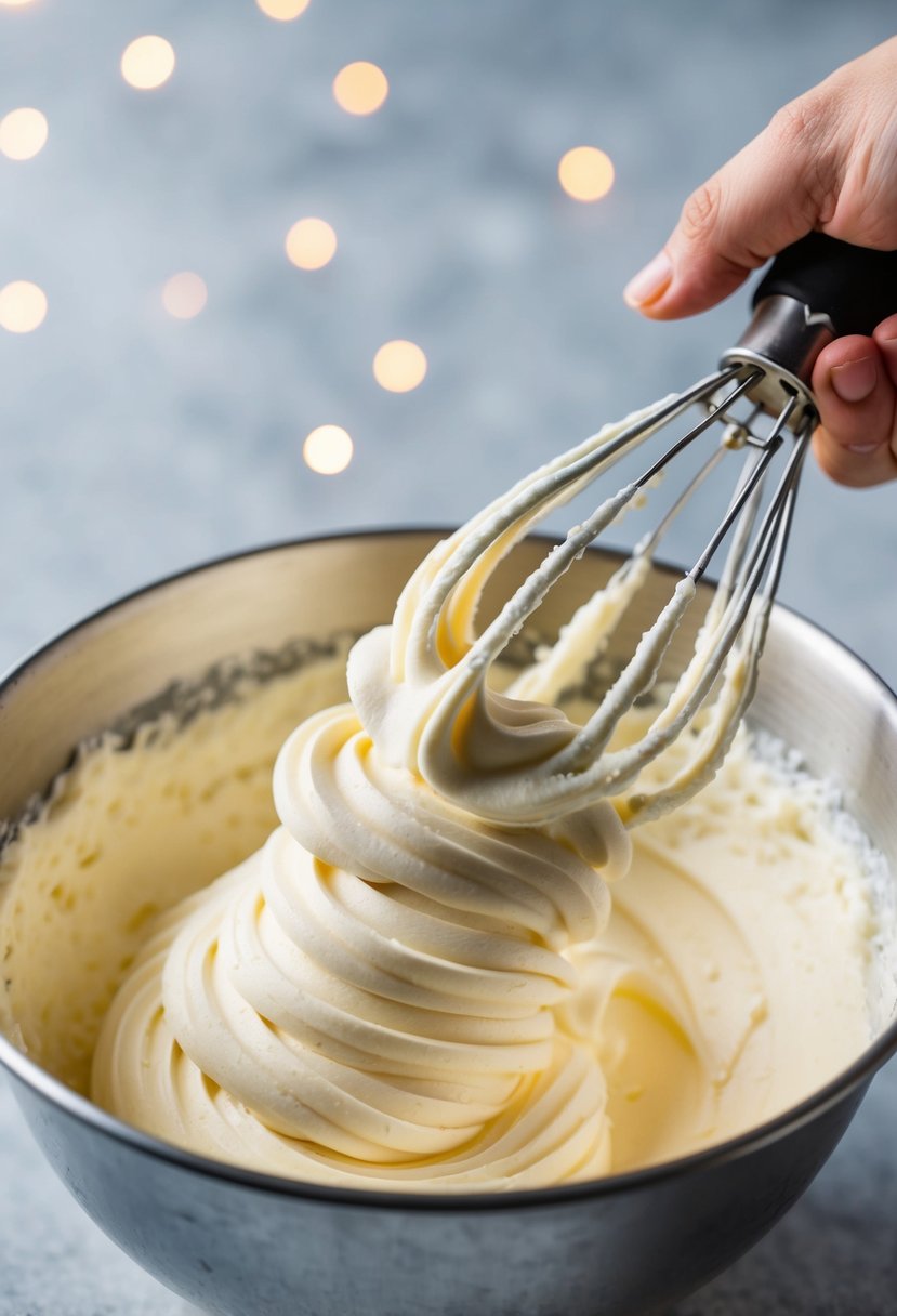 A mixing bowl filled with smooth buttercream frosting being whipped with heavy cream