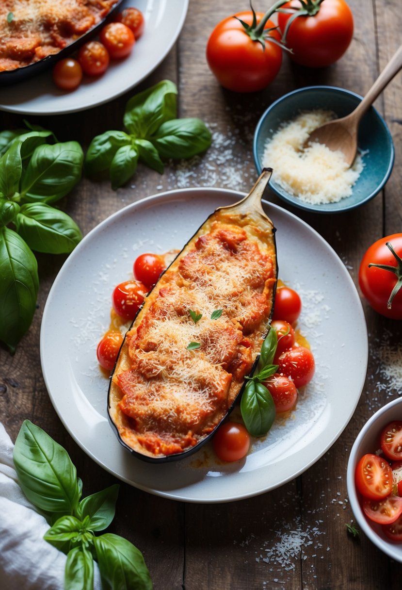 A golden-brown eggplant Parmigiana sits on a rustic Italian table, surrounded by fresh basil, ripe tomatoes, and a sprinkling of grated Parmesan cheese