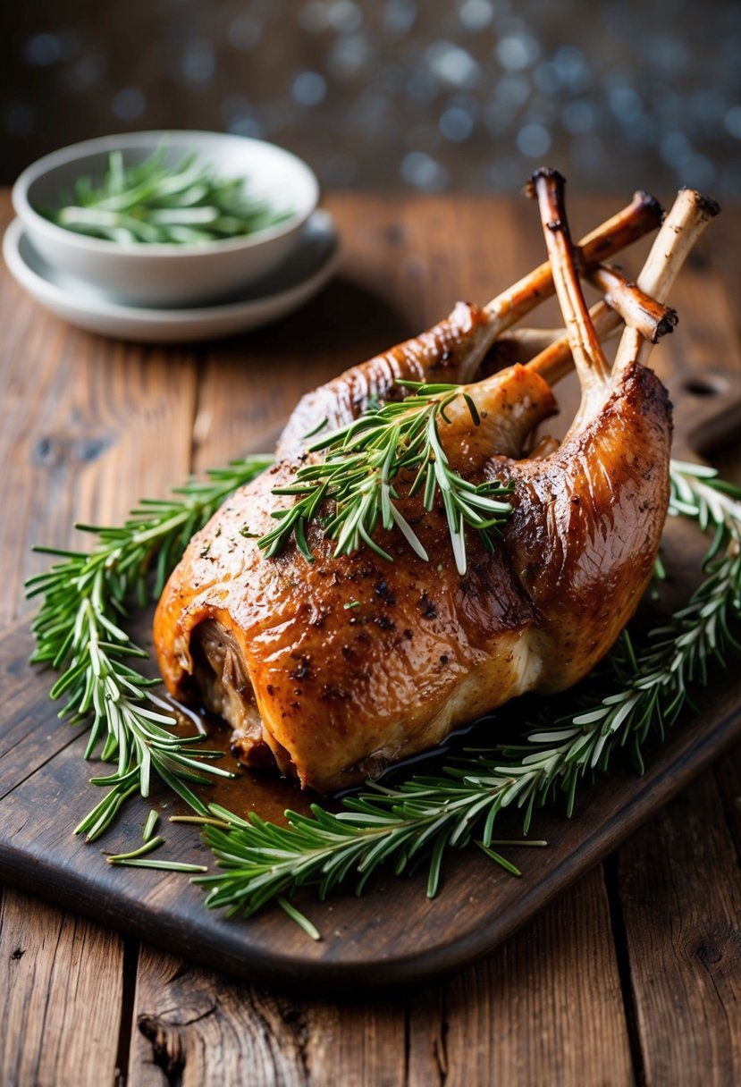 A roasted lamb surrounded by sprigs of fresh rosemary on a rustic wooden table