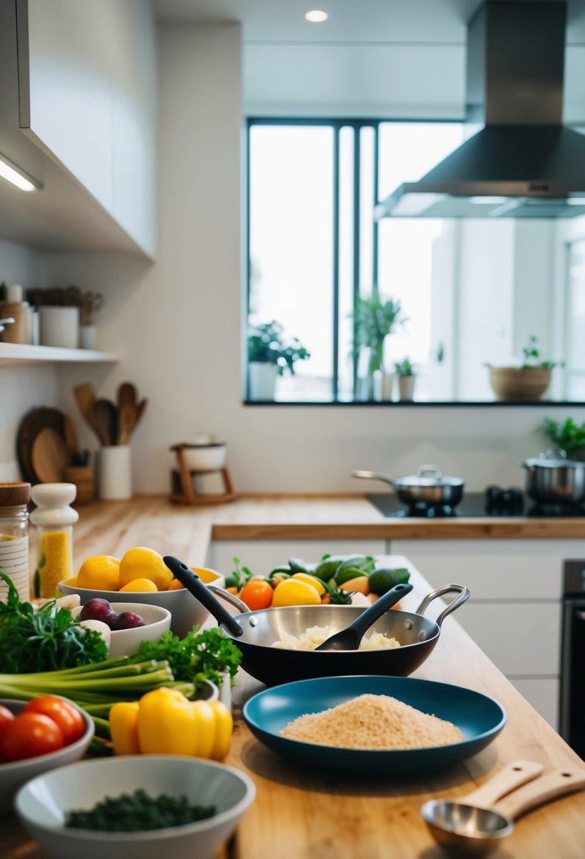 A kitchen counter with various ingredients and cooking utensils for preparing IBS-friendly recipes