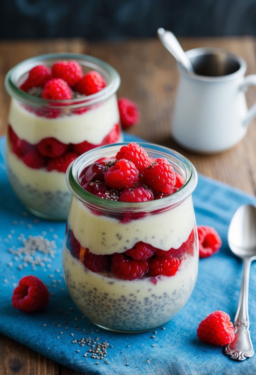 A glass jar filled with layers of creamy vanilla chia pudding and vibrant raspberry compote, topped with fresh raspberries and a sprinkle of chia seeds