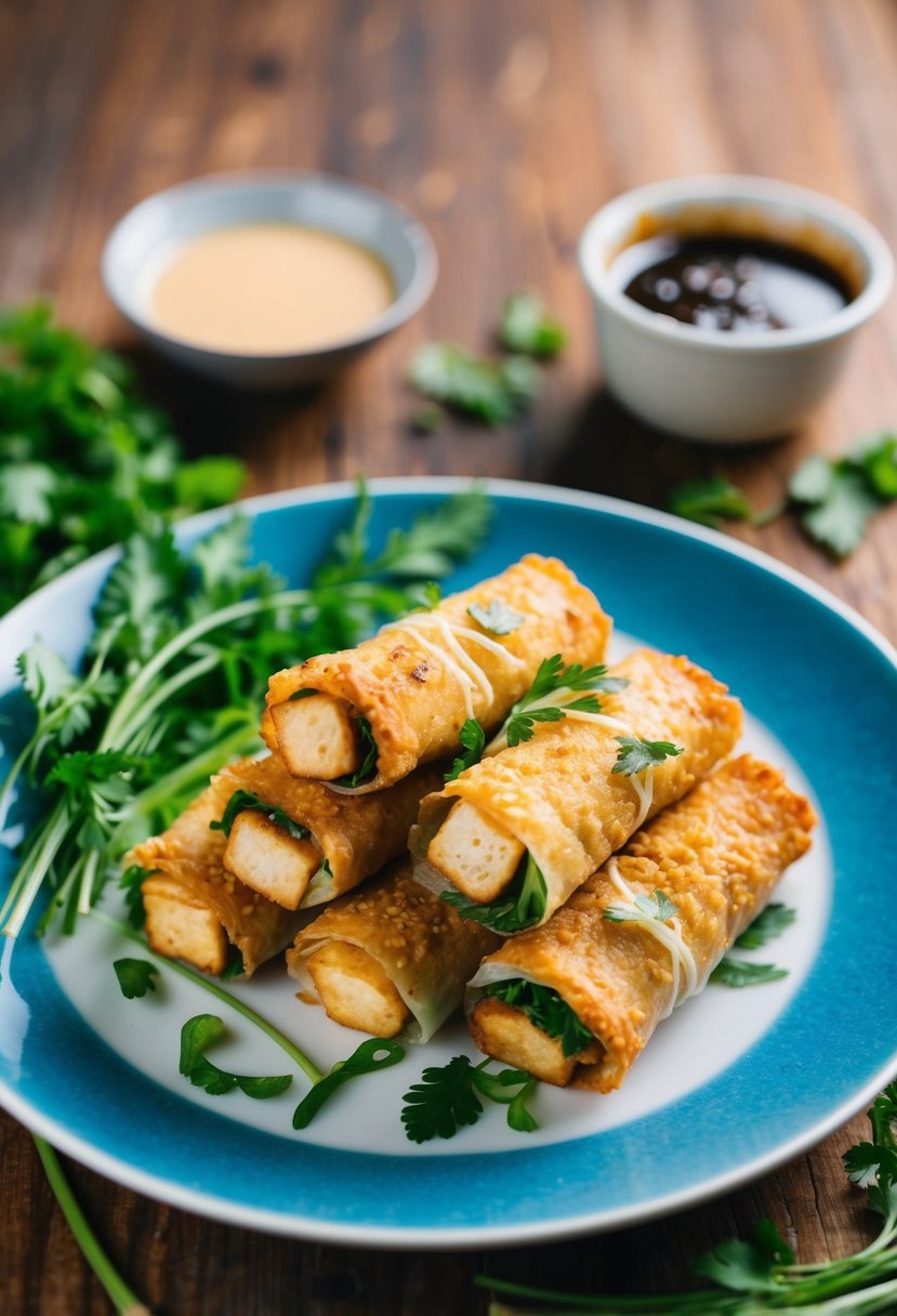 A plate of spring rolls filled with crispy tofu, surrounded by fresh herbs and dipping sauce