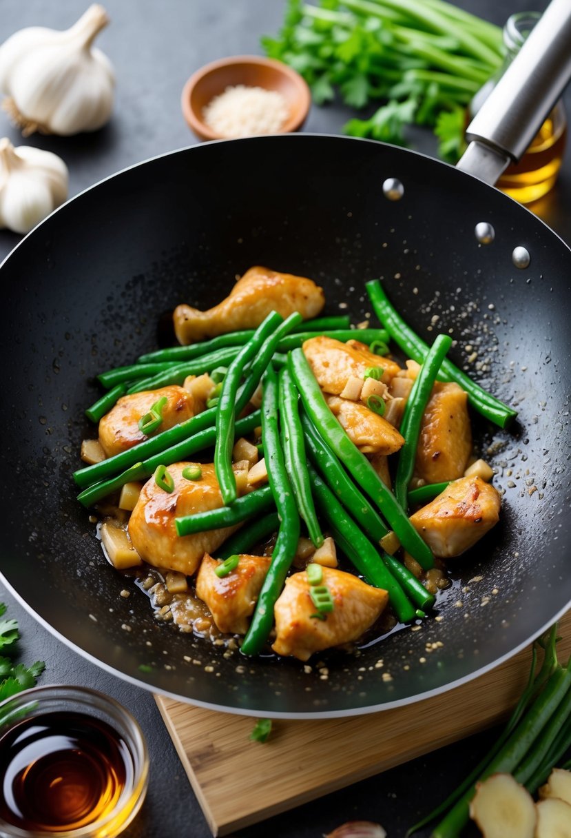 A wok sizzling with chicken, ginger, and green beans, surrounded by fresh ingredients like garlic, soy sauce, and sesame oil