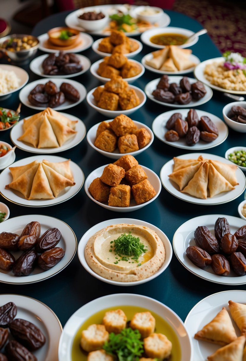 A spread of traditional iftar dishes arranged on a table with dates, samosas, hummus, and various other Middle Eastern delicacies