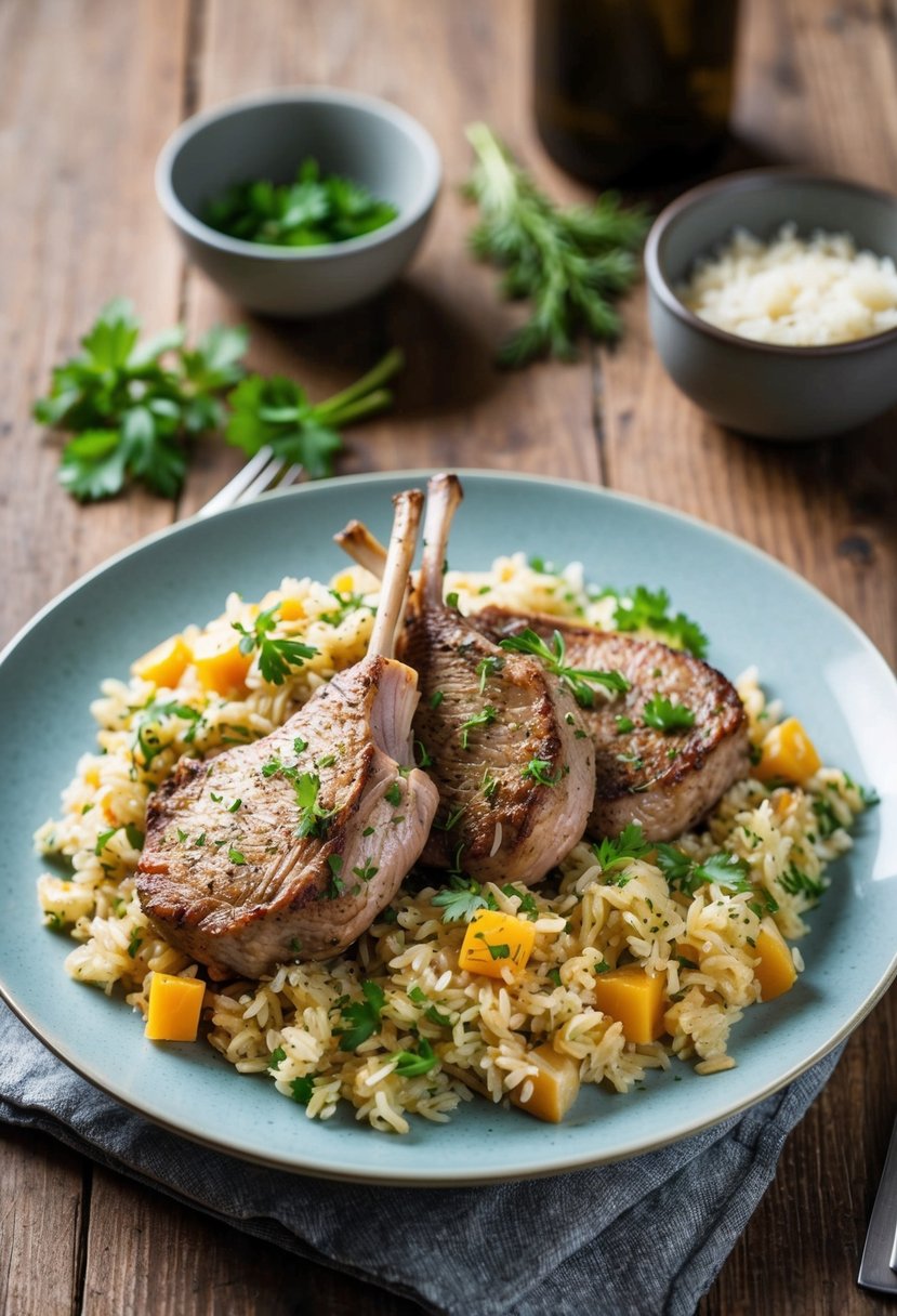 A plate of lamb cutlets with a warm rice salad, garnished with fresh herbs and served on a rustic wooden table