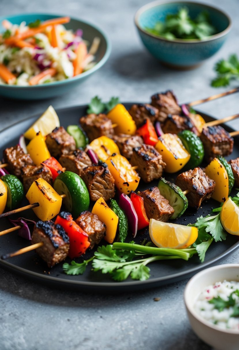 A table set with charred vegetable and beef skewers, accompanied by a colorful slaw