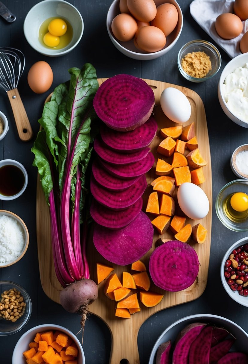 A colorful array of silverbeet, sweet potatoes, and eggs arranged on a wooden cutting board, surrounded by various cooking utensils and ingredients