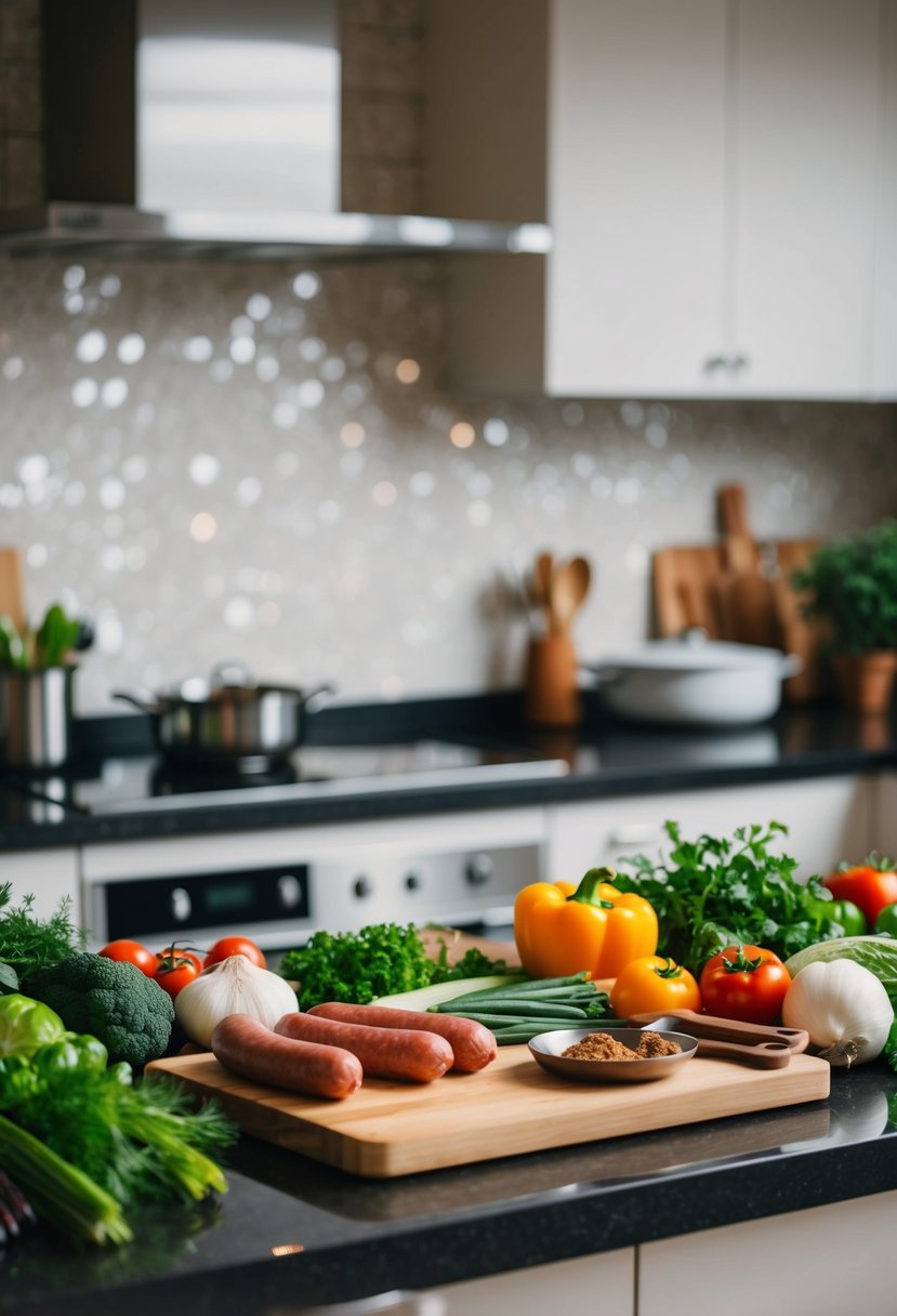 A kitchen counter with assorted fresh ingredients and cooking utensils, including sausages, herbs, vegetables, and spices