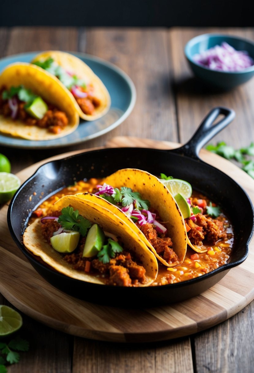 A sizzling skillet of spicy chorizo tacos with colorful toppings on a wooden table