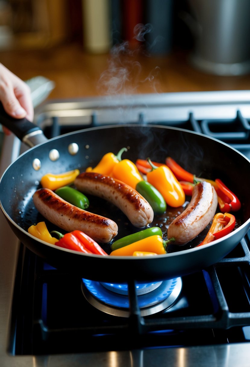 A sizzling skillet with Italian sausages and colorful peppers cooking over a hot stove