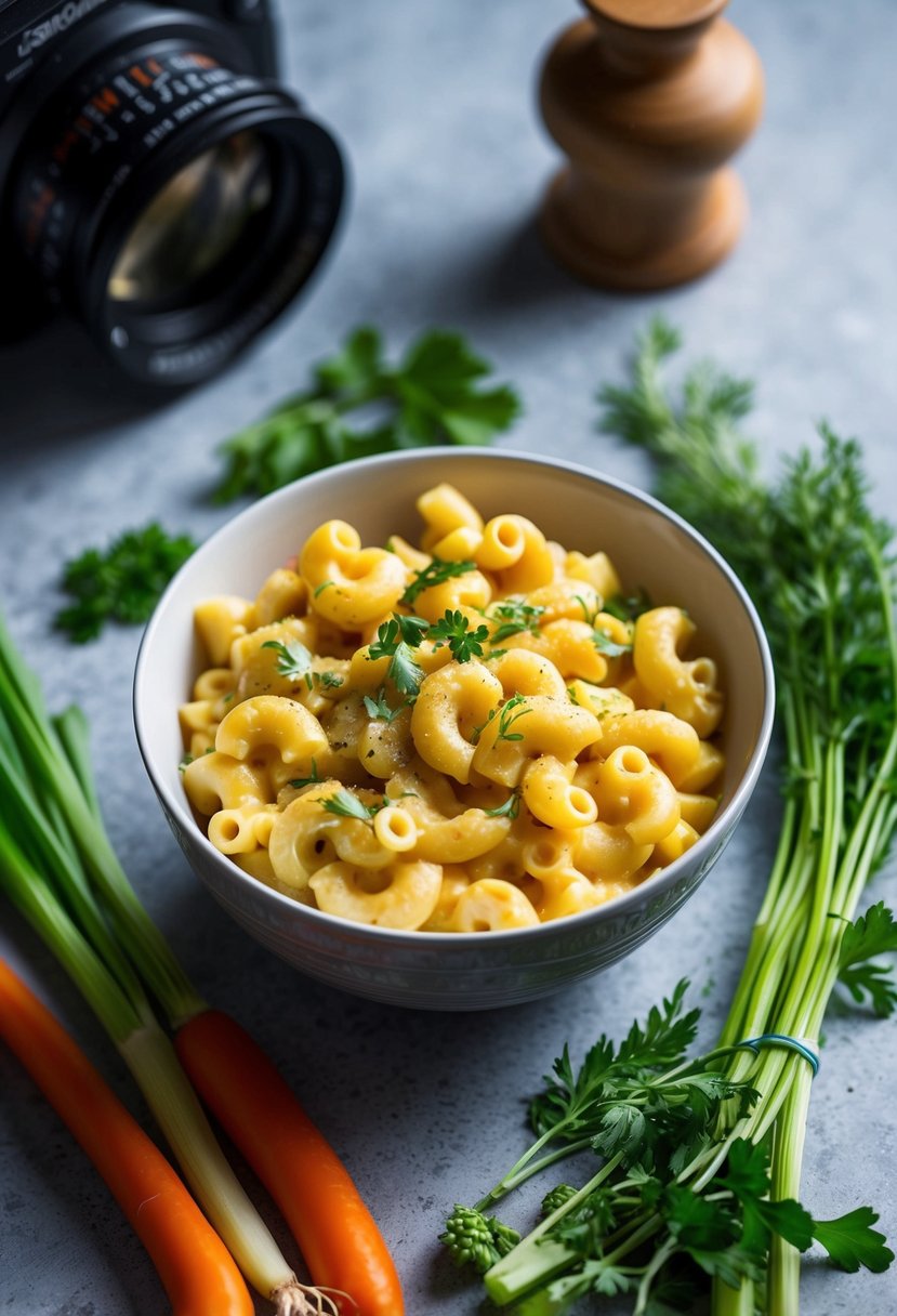 A bowl of creamy macaroni and cheese made with IBS-friendly ingredients, surrounded by colorful vegetables and herbs