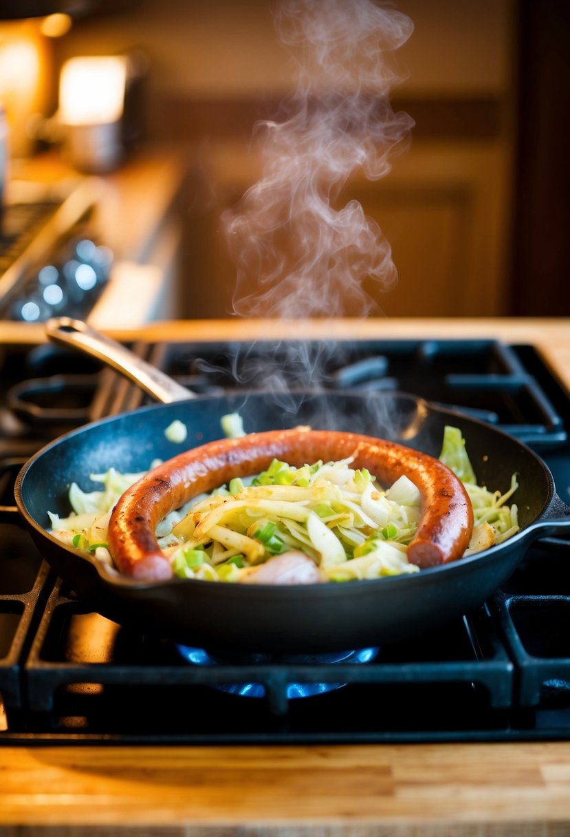 A sizzling skillet with kielbasa, cabbage, and onions cooking together over a hot stove