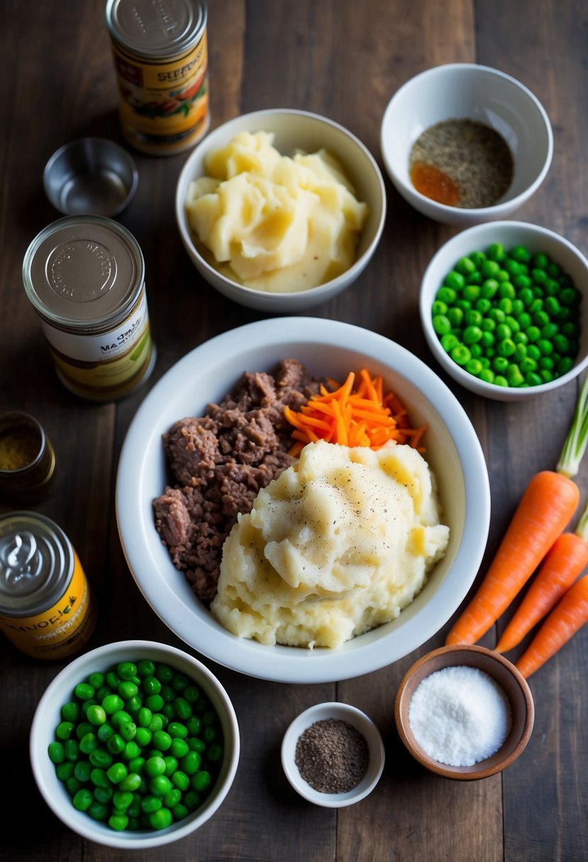 A table with ingredients for Shepherd's Pie: ground meat, mashed potatoes, peas, carrots, and seasonings