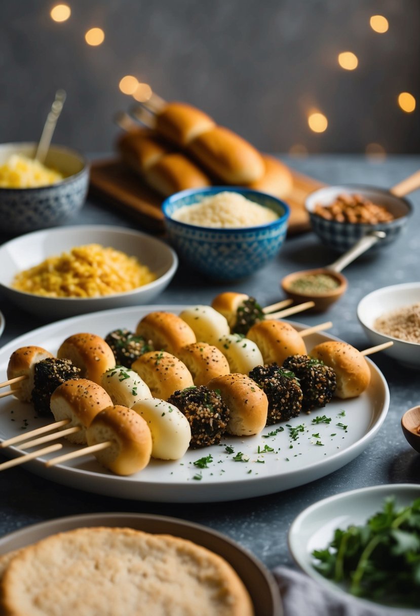 A table set with various ingredients and skewers for making bread skewers for iftar