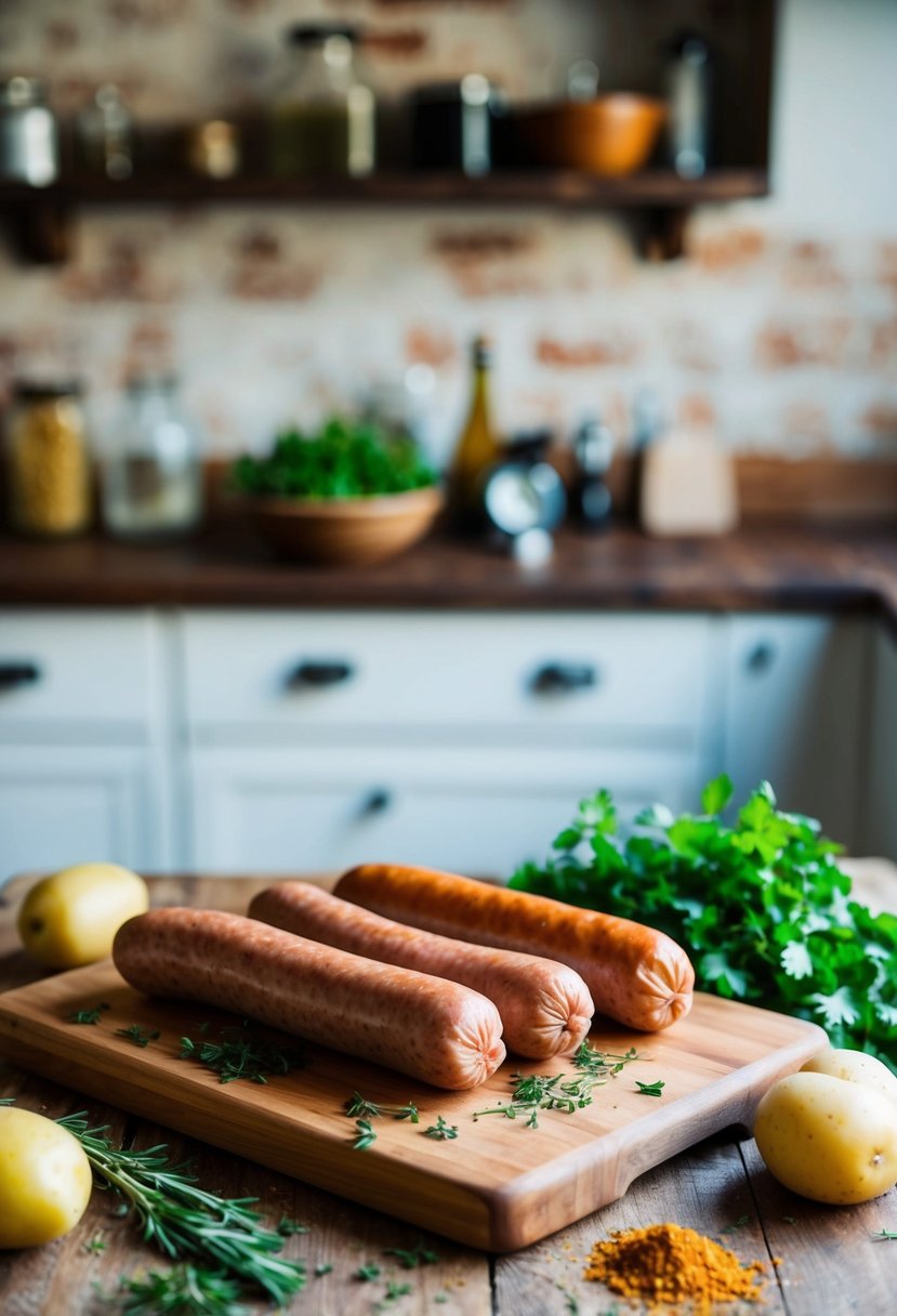 A rustic kitchen counter with a wooden cutting board, fresh sausages, and potatoes, surrounded by scattered herbs and spices