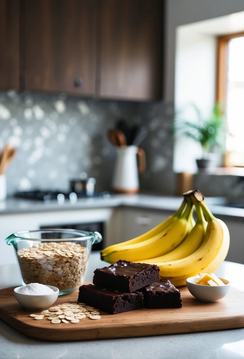 A kitchen counter with ingredients for IBS-friendly brownies, including oats, bananas, and dark chocolate