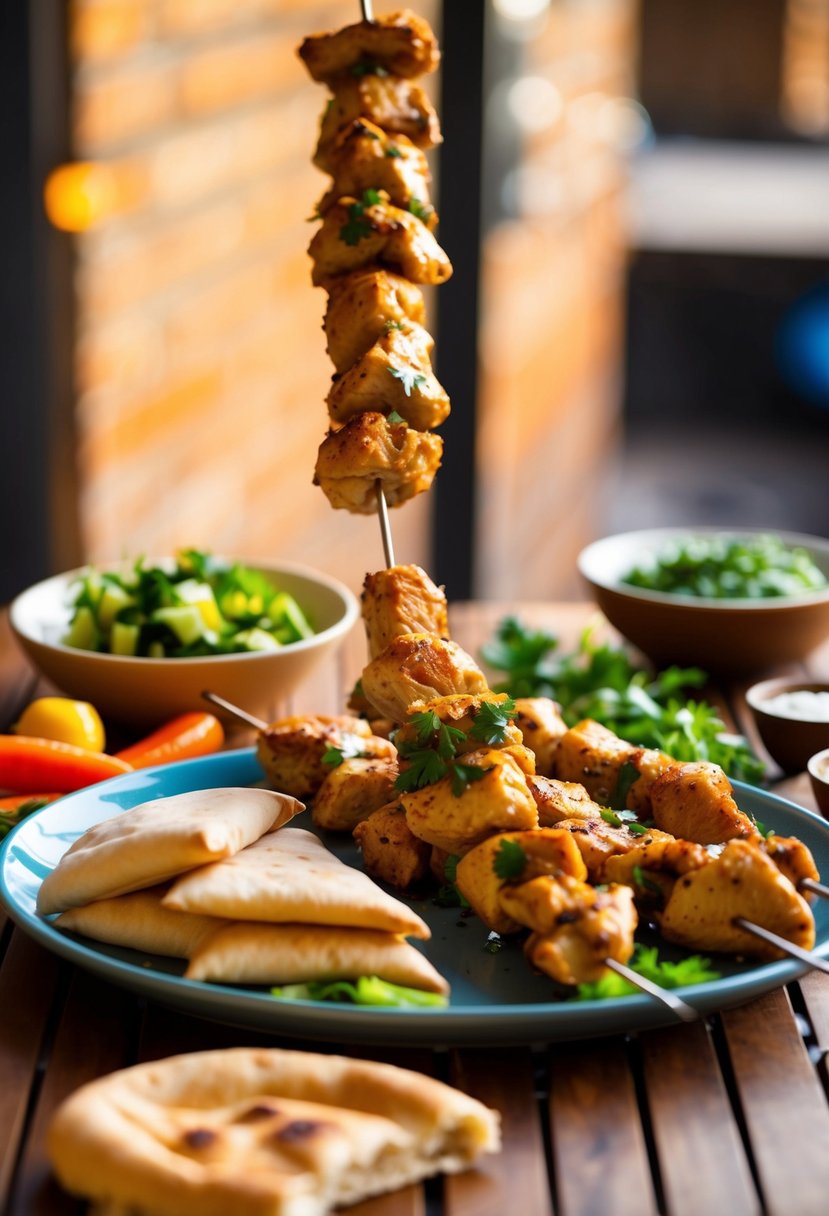 A table set with ingredients for chicken shawarma: marinated meat, pita bread, vegetables, and spices. A skewer of chicken rotates on a vertical grill